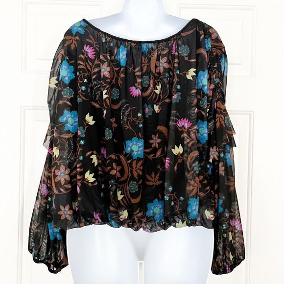 Free People Wildflower Honey Top Black Floral Cropped Peasant Mesh Sz Small - Picture 8 of 13